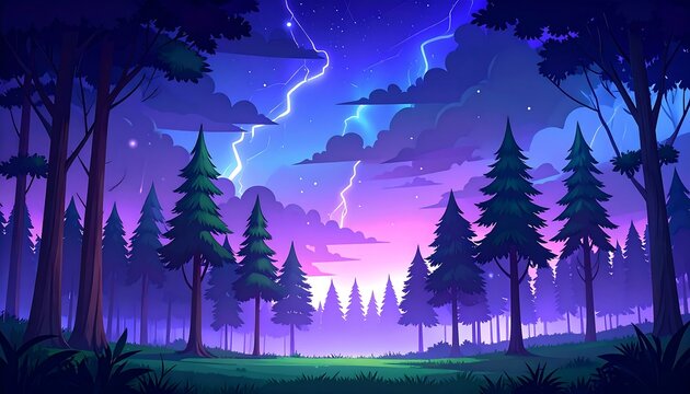 A vibrant illustration of a forest at twilight with a storm.