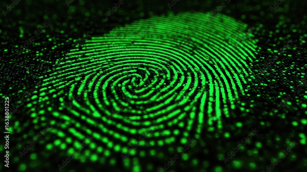 Poster capturing unique digital identity with glowing green biometric fingerprint data, symbolizing securit