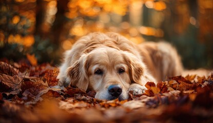 Golden Retriever resting in autumn leaves, forest background, peaceful scene, pet portrait