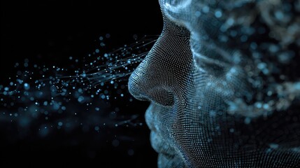 Discovering the future of AI and technology, this abstract digital human face composed of glowing particles represents innovation, data, and futuristic concepts.