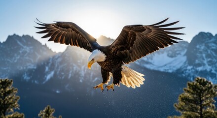 Obraz premium Majestic Bald Eagle in Flight Over Snowy Mountain Landscape