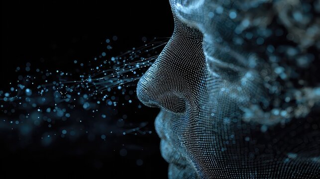 Discovering the future of AI and technology, this abstract digital human face composed of glowing particles represents innovation, data, and futuristic concepts.