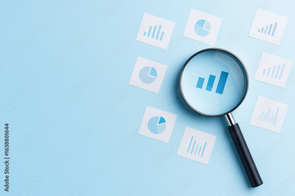Poster magnifying glass focuses on bar graph amidst scattered charts, illustrating data analysis.