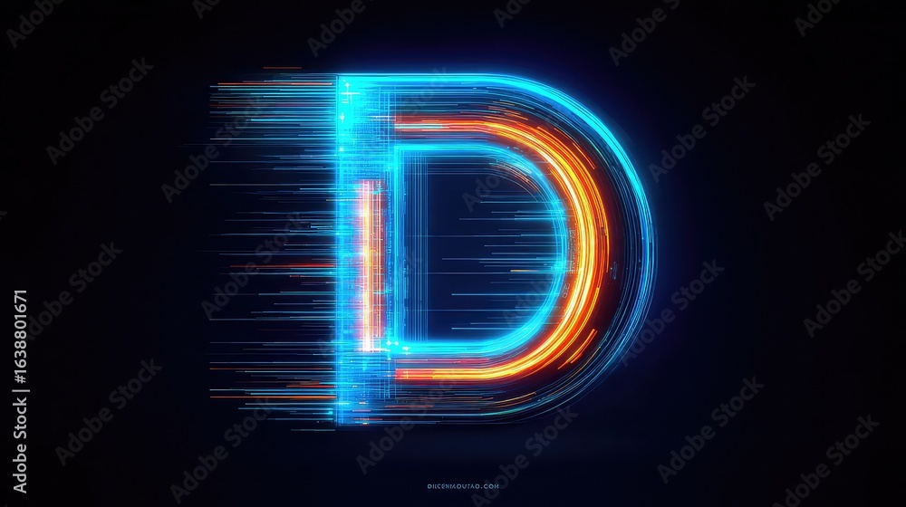 Poster dynamic glowing letter d formed by vibrant light trails and digital data streams, capturing speed an