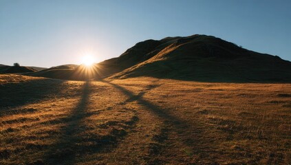 Golden sunset over a grassy hill. Long shadows stretch across the field towards a vibrant sun