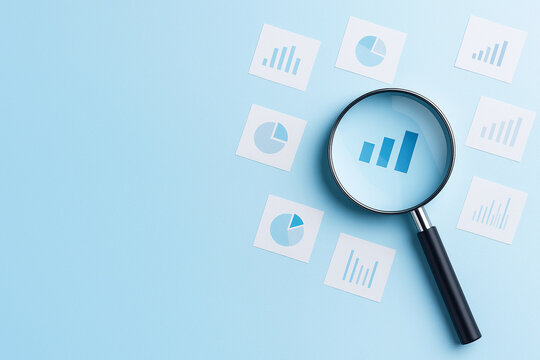 Magnifying glass focuses on bar graph amidst scattered charts, illustrating data analysis.