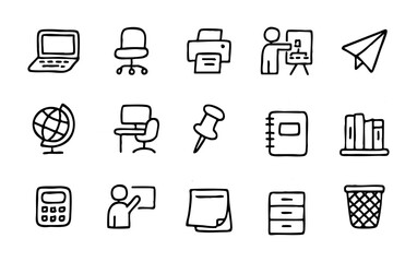 Office supplies doodle icons vector illustration set for business and education related design projects