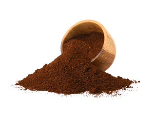 Overturned wooden bowl with coffee powder isolated on white background