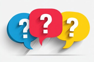 Three colorful speech bubbles, each containing a large question mark