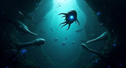 Fototapeta premium Mysterious Deep Sea Creatures Illuminated by Bioluminescence in an Underwater Cave System Exploration Journey