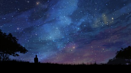 Fototapeta premium Person gazing at a night sky filled with stars.