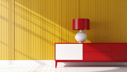 Minimalist Red and White Sideboard with Lamp Against Yellow Wall