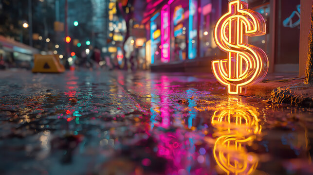 Glowing neon dollar sign on wet urban roads highlights financial energy and night city life - Powered by Adobe