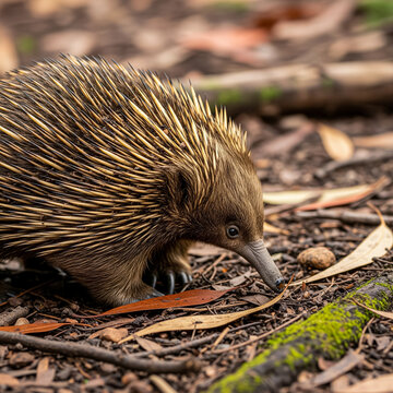 A detailed, eye-level view of a short-beaked echidna (Tachyglossus aculeatus) foraging on the forest floor. 