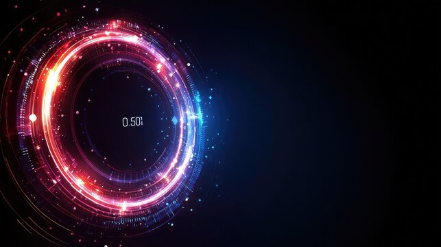 Dynamic digital interface with glowing red and blue circular elements and data readouts, perfect for technology or science themes