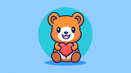 Cute Cartoon Bear Holding Heart Character on Blue Background