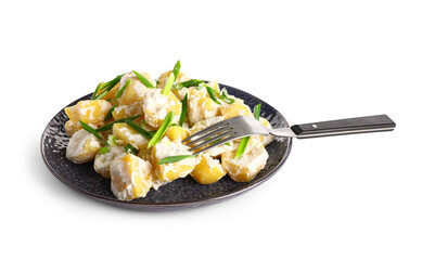 Plate of tasty Potato Salad with greens on white background