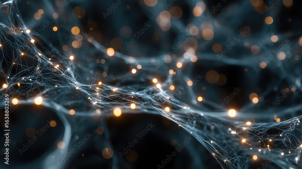 Poster dynamic network of glowing particles and abstract threads illuminates a futuristic, interconnected d