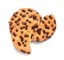 Tasty cookies with chocolate chips on white background