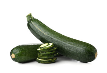 Slices of fresh green zucchini on white background