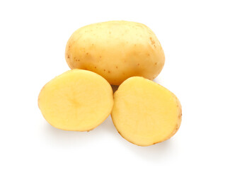 Slices of raw baby potatoes on white background