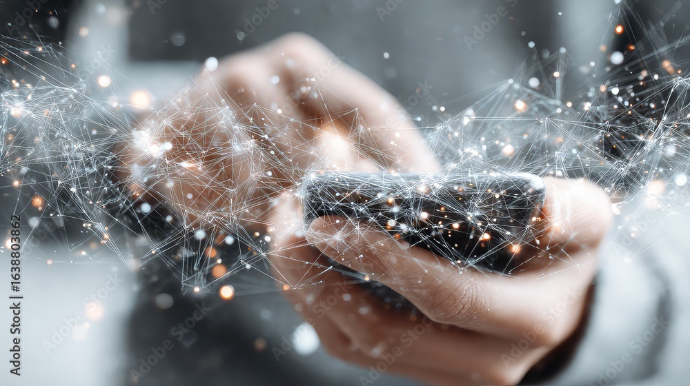 Poster hands holding smartphone surrounded by glowing abstract digital network connections and bokeh lights