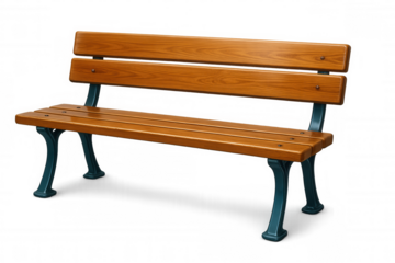 Weathered wooden park bench featuring dark green metal legs, resting against transparent background, suitable for architectural rendering