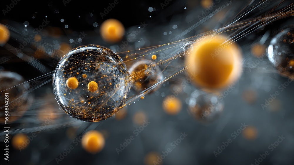 Poster stunning abstract network of glowing spheres and interconnected lines symbolizing data, technology, 