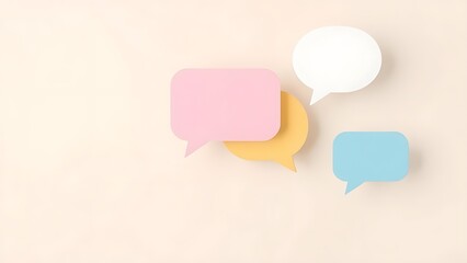 Floating speech bubble shapes on a neutral background, representing communication and feedback.