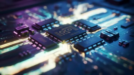 Futuristic microprocessor on an electronic circuit board with glowing data pathways - Powered by Adobe