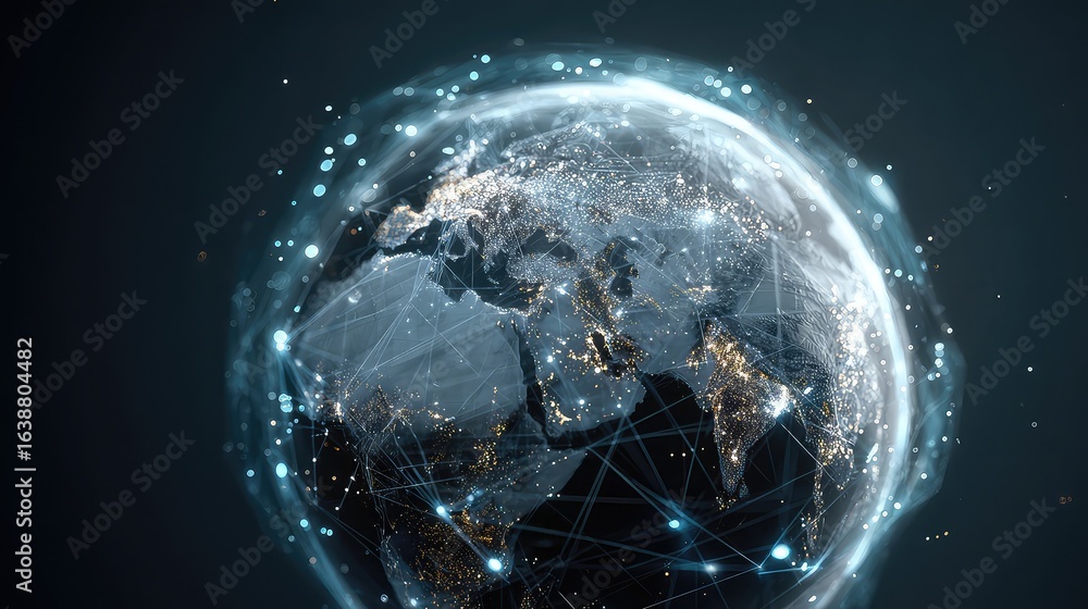 Poster Dynamic global network visualization illustrates interconnectedness and digital transformation with glowing data streams connecting continents, perfect for tech and business concepts.