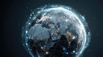 Dynamic global network visualization illustrates interconnectedness and digital transformation with glowing data streams connecting continents, perfect for tech and business concepts.