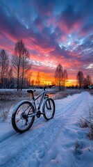Winter sunset, snow-covered path, bicycle