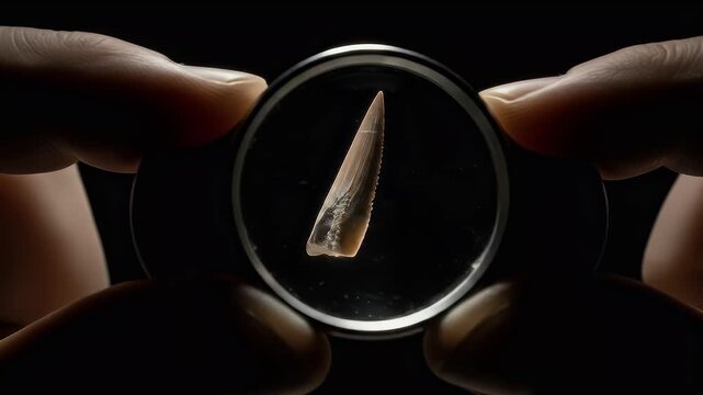 Dinosaur fossil tooth under magnifying glass