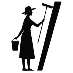 Woman cleaning window with squeegee and bucket vector