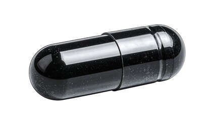 A single, black capsule isolated on a white background.  Its glossy surface shows minor specks