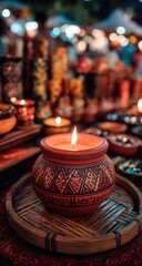 Burning candle in terracotta pot, market setting