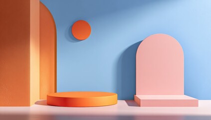 Pastel-colored 3D display backdrop with geometric shapes