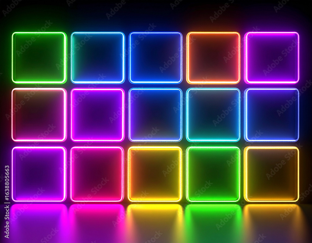 Poster a colorful grid of glowing neon squares creates a vibrant and dynamic display. perfect for technolog