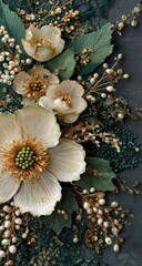 Close-up of a sculpted floral arrangement.  Creamy-beige flowers with intricate detail,  emerald green leaves, and gold and pearl accents.  A dark teal background