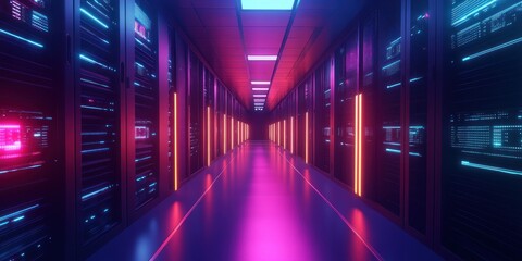 Fototapeta premium Neon-Lit Server Room Corridor with Rows of Black Cabinets