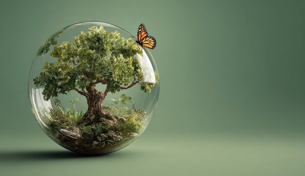 Miniature Tree in Glass Sphere, Green Background, Butterfly, Environmental Conservation