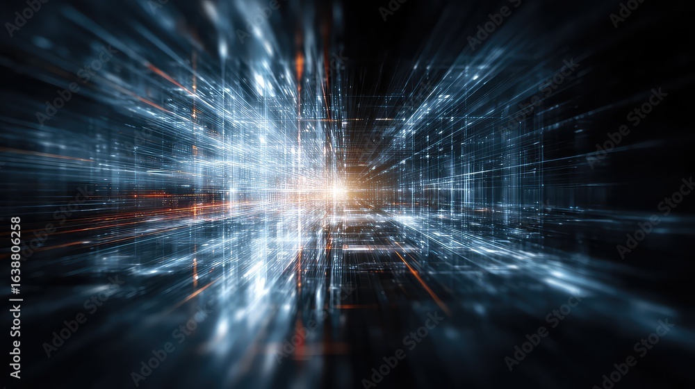 Poster immerse yourself in a dazzling digital network, a vibrant futuristic cityscape of glowing data strea