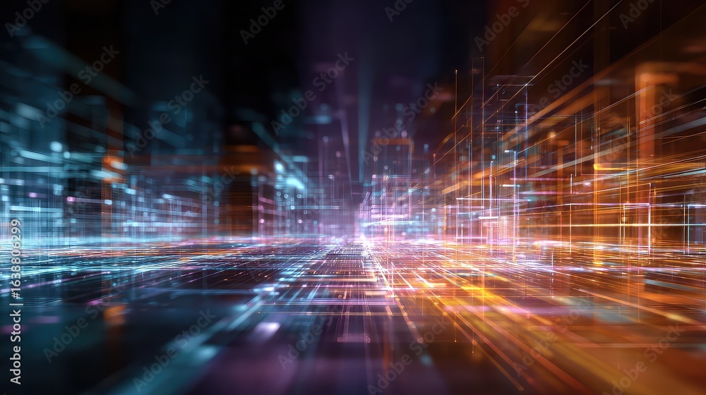 Poster experience the dynamic glow of a futuristic digital cityscape, a vibrant network of interconnected d