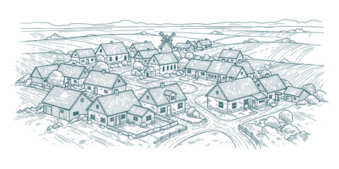Fototapeta premium Rural Village Landscape with Houses, Windmill and Fields, Hand Drawn Style, Green Vector Illustration