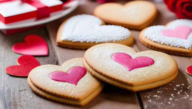 Homemade heart shaped cookies on the table, close up view. Valentine's day celebration, created with generative ai