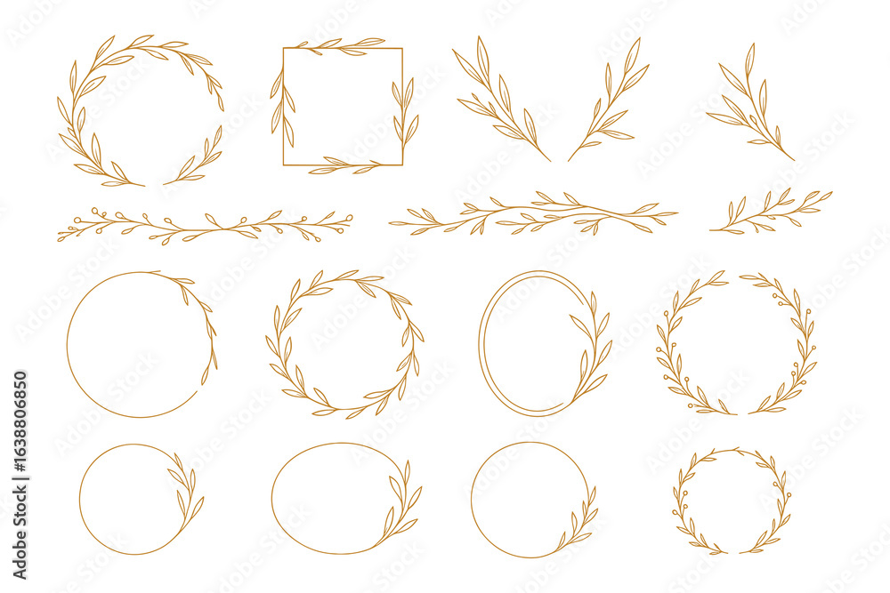 Poster set of golden vector frames and decorative elements with leaves and branches vector illustration