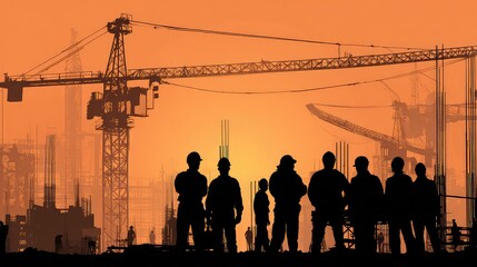 Construction workers silhouetted against a sunset with cranes in the background.