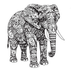 Ornate elephant illustration composed of intricate tribal faces and masks. A symbolic black and white line art drawing for spiritual and cultural concepts.