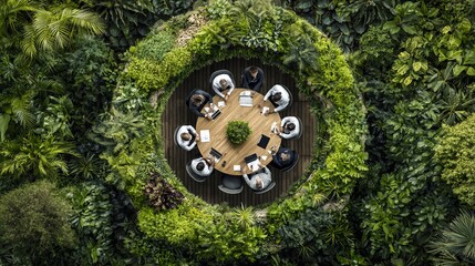 Aerial view of a meeting at a round table surrounded by lush, green foliage